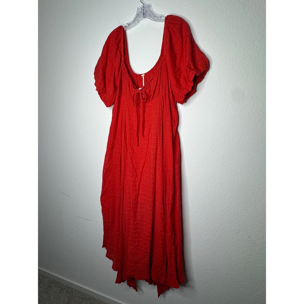 Free People Atlas Red Puff Sleeve Handkerchief Hem Midi Dress Women's Size L